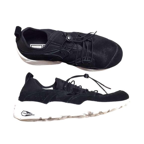 PUMA Men\'s Black Trinomic Sneaker Size 7.5 Sock Slip On White Faux Suede Stampd